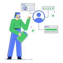 Illustration of customer service website page. Female hotline operator technical support.