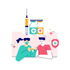 Vector illustration of nurse injects vaccine in a patient's shoulder. Fight against coronavirus
