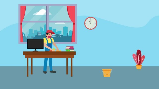 Male janitor wear mask while cleaning office room