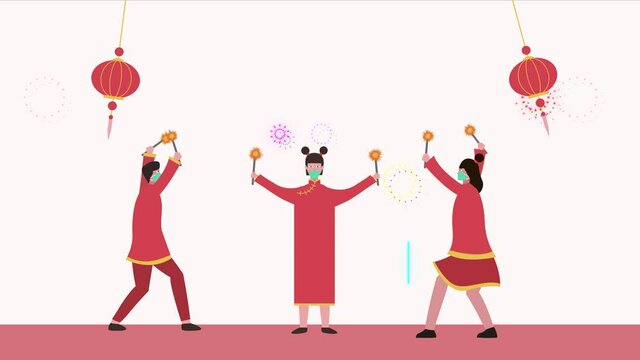 Three teenagers wear mask while playing fireworks
