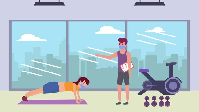 Woman in face mask doing push up with trainer