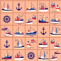 Seamless pattern of ships working in the harbor,