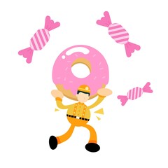 miner worker and pink sweet candy doughnut beverage cartoon doodle flat design style vector illustration