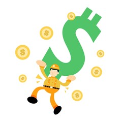 miner worker man and money dollar cartoon doodle flat design style vector illustration