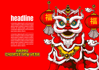 Happy Chinese new year, lion dance, illustration Comic Images style.