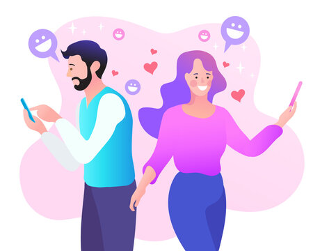 Man and woman planning meeting with online app. People using appointment business application. Modern smartphone with users communicating. communication mobile online. Flat vector illustration.