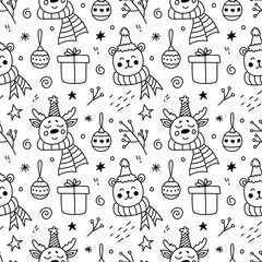 Christmas seamless pattern. Cute faces of deer and bear, New Year's gifts, Christmas balls, stars and twigs. Vector hand-drawn illustration in doodle style. Perfect for wrapping paper, packaging,decor