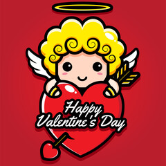 Cute cupid character design hugging big heart with Happy Valentine's Day greetings
