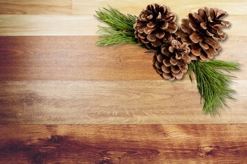 Pine cones with branch on a wooden desk