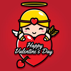 Cute cupid girl character design hugging big heart with Happy Valentines day greetings