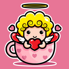 The cute cupid girl character design is set in a pink cup filled with love