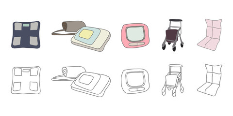 血圧計、体重計、血圧測定、健康アイテムのベクターイラストアイコン素材