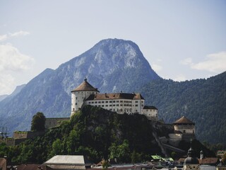 Aerial panorama of medieval Castle Fortification Festung Kufstein Fortress in town Tyrol Austria...