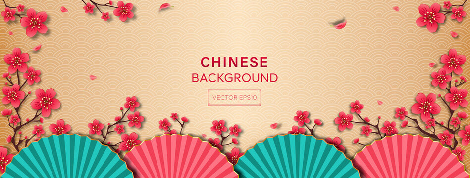 Oriental style banner background with beautiful Cherry blossom flowers and fans at border