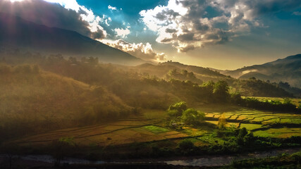 Natural background, high angle from the high mountains that can see the scenery around, the wind blows through the cool, blurred of traveling, the integrity of the moist forest.