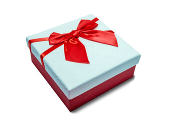 Gift box red has lid.white, red bow tie on white background isolate. With clipping path