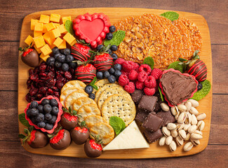 A Chocolate Covered Strawberries and Cheese Sweet Charcuterie Board on a Rustic Wooden Table
