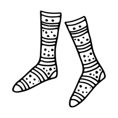A pair of warm socks. Home wardrobe item with ornaments. Vector illustration in doodle style.