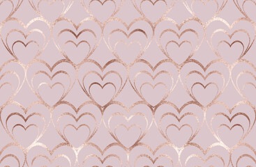 Rose gold glitter geometric hearts grid seamless pattern.