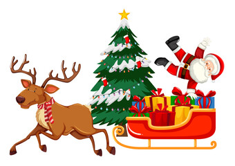 Santa Claus with raindeer and sleigh on white background