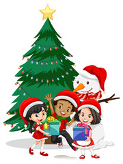 Obraz na płótnie Canvas Children wear Christmas costume cartoon character with snowman on white background