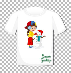 Cute girl playing with snowman cartoon character on t-shirt on transparent background