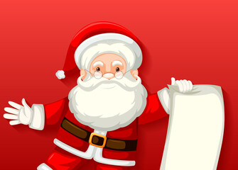 Cute Santa Claus holding blank paper cartoon character on red background