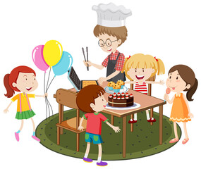 Father cooking for his children outdoor party on white background