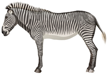 Adult zebra in standing position on white background