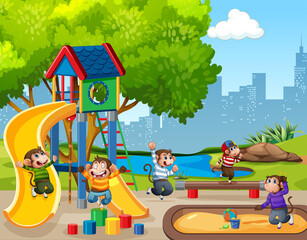 Five little monkeys jumping in the park playground scene