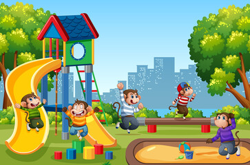 Five little monkeys jumping in the park playground scene