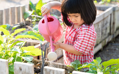 An adorable asian little girl watering plants in the garden. Montessori Practical Life skill - Caring for a Plant, Homeschool, Child development, Outdoors activity, Sustainable,  Alternative Education © myboys.me