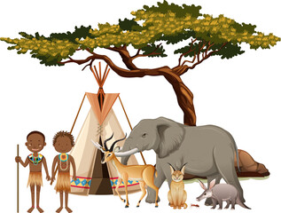 African tribe with group of wild african animal on white background