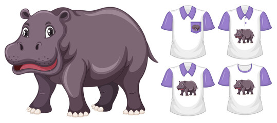 Set of different shirts with hippopotamus cartoon character isolated on white background
