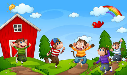 Obraz na płótnie Canvas Five little monkeys jumping in the farm scene