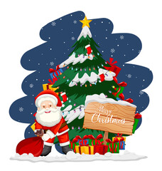 Santa Claus with christmas tree and snowman at night