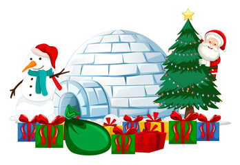 Santa Claus with many gifts and igloo on white background
