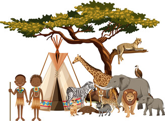 Afrikanischer Stamm mit einer Gruppe wilder afrikanischer Tiere auf weißem Hintergrund © blueringmedia