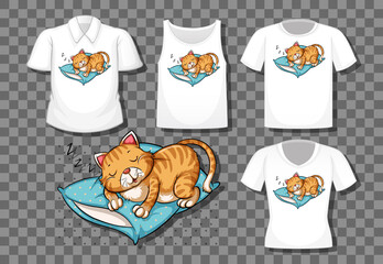 Cat cartoon character with set of different shirts isolated on transparent background