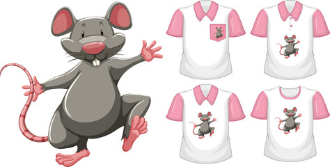 Set of different shirts with mouse cartoon character isolated on white background