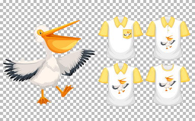 Brown pelican in stand position cartoon character with many types of shirts on transparent background