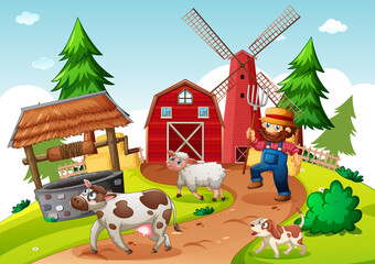 Obraz na płótnie Canvas Farmer with animal farm in farm scene in cartoon style