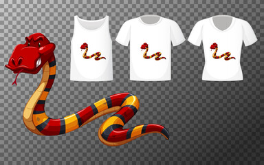 Set of different shirts with snake cartoon character isolated on transparent background