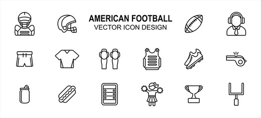 Simple Set of american football Related lineal style Vector icon user interface graphic design. Contains such Icons as body armor, helmet, commentator, uniform, leg pad, shoe, whistle and more