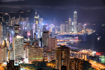 Fototapeta premium Awesome night aerial view of skyscrapers in Hong Kong