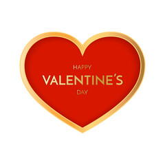 Valentine Day greeting card. Festive Card for Happy Valentine s Day. White Background with red and golden Heart. Symbol of love. Happy Valentines Day phrase on red heart.