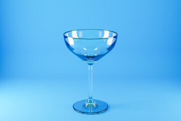 3d illustration of a glass martini goblet on a blue  background. Glass realistic illustration