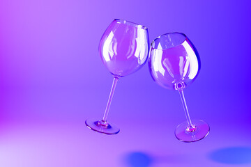 3d illustration of  wine glasses flying  on a purple background. Realistic illustration of a pair of wine glasses