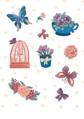 Cartoon flower stickers. Cute butterflies bugs and birds kid clip art.