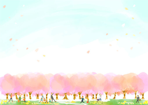 桜並木を散歩する人々の水彩背景イラスト素材 Stock ベクター Adobe Stock